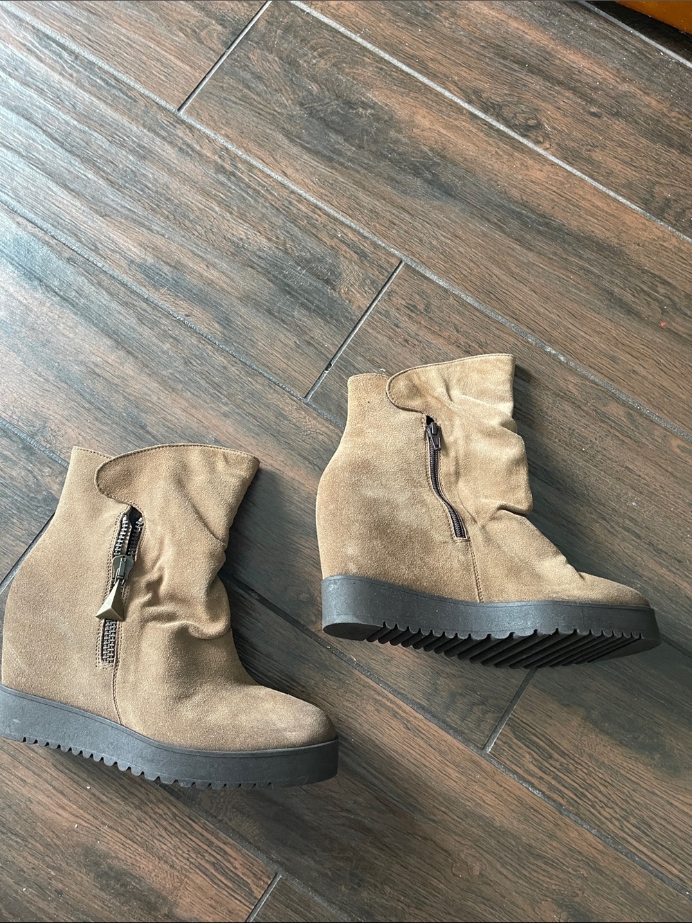 Taupe Suede Wedge Combat Boots with Side Zip